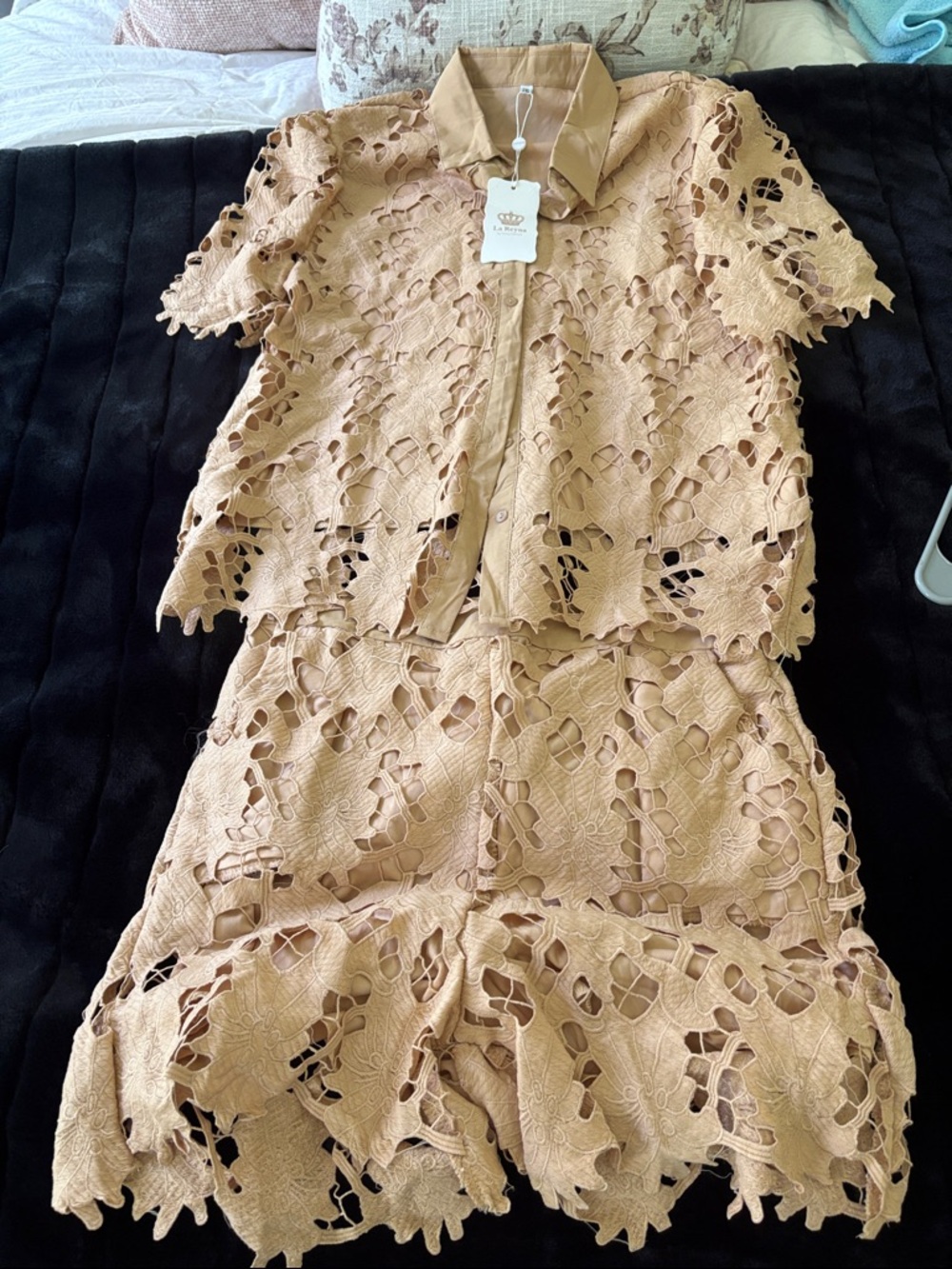Womens Lace Cutout Two-Piece Shorts Set in Tan